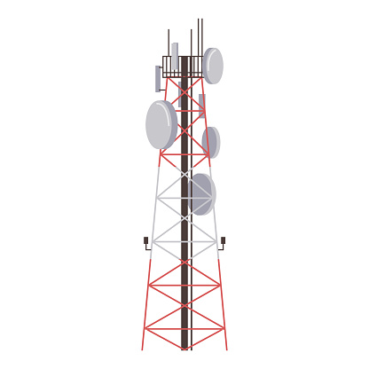Radio tower with antenna, broadcasting equipment. Vector towered communication technology antenna, towering broadcast construction in city with network wireless signal station