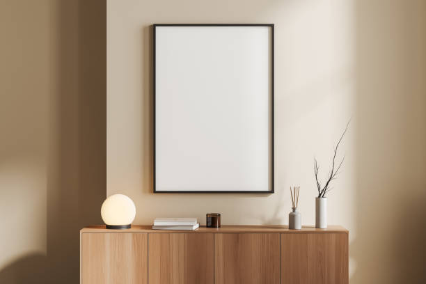 istock Light exhibition room interior with drawer and decoration, mockup frame 1450296580
