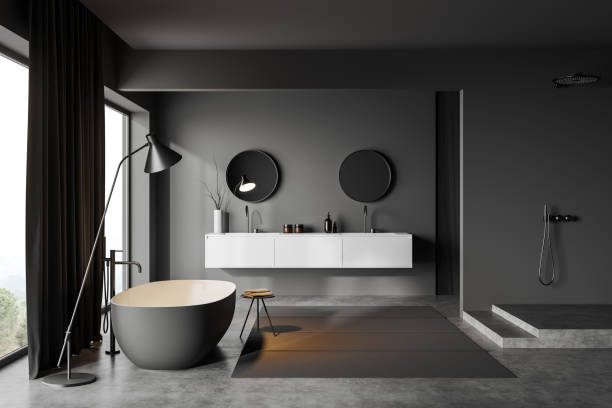 istock Grey bathroom interior with bathtub, sink and douche, panoramic window 1450296704