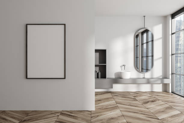 istock Light bathroom interior with washbasin, shelf and window. Mock up frame 1450296946