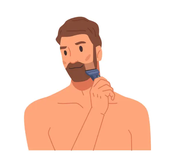 Vector illustration of Shaving beard with razor, trimming and cutting long hair, giving shape to mustaches. Isolated man personage and beauty routine, self care. Flat cartoon character vector