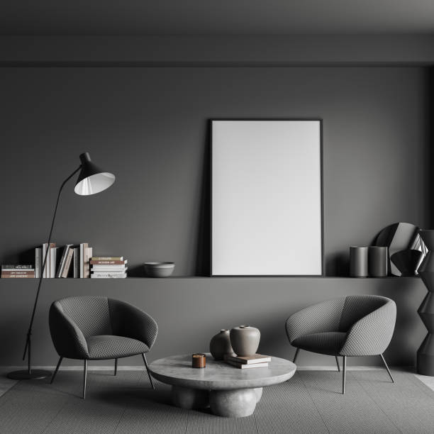istock Grey relax interior with seats and coffee table with decoration, mockup frame 1450297837