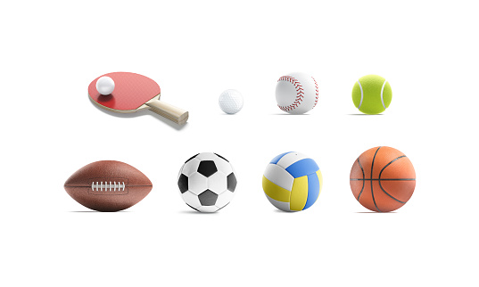 Blank sport gaming ball mockup, different types, isolated, 3d rendering. Empty baseball, football, volleyball, basketball, tennis game sphere mock up, front view. Playing team equipment template.