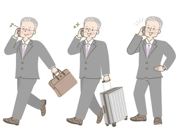 Vector illustration of Illustration set of man in suit traveling with smartphone