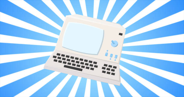 ilustrações de stock, clip art, desenhos animados e ícones de retro computer, pc old vintage hipster for geeks from the 70s, 80s, 90s on the background of blue rays - wallpaper retro revival computer keyboard computer monitor