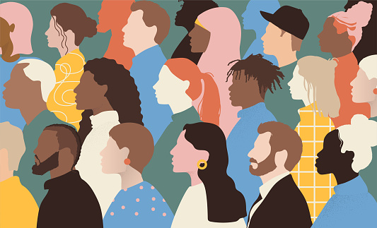 group of different people man and women profile silhouette. abstract illustration of diverse society, cultural identity, differing religious beliefs and sexual orientations, nations unity.