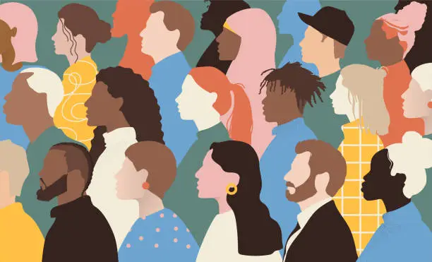 Vector illustration of group of different people man and women profile silhouette. abstract illustration of diverse society, cultural identity, differing religious beliefs and sexual orientations, nations unity.