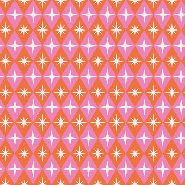 mitte des jahrhunderts moderne atom-starbursts nahtloses muster auf orangefarbenen und rosa retro-diamantformen. - modern art 1950s style contemporary shape stock-grafiken, -clipart, -cartoons und -symbole
