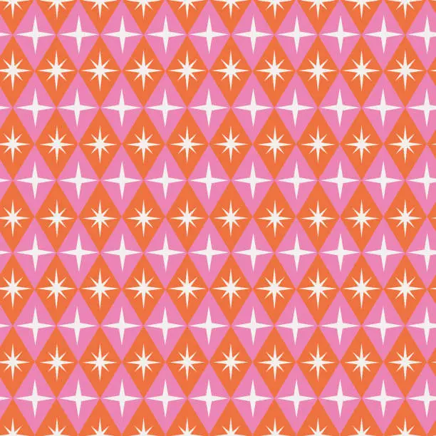 Vector illustration of Mid century modern atomic starbursts seamless pattern on orange and pink retro diamond shapes.