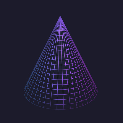 Cone low poly line geometric shape of neon color, grid of geometry figure hologram. Vector isolated polygonal mathematics cone grid, visual perspective