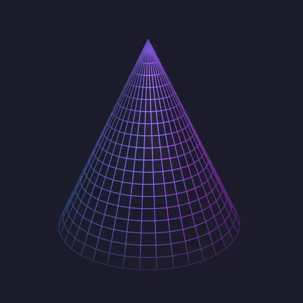 Vector illustration of Cone low poly line geometric shape of neon color, grid of geometry figure hologram. Vector isolated polygonal mathematics cone grid, visual perspective