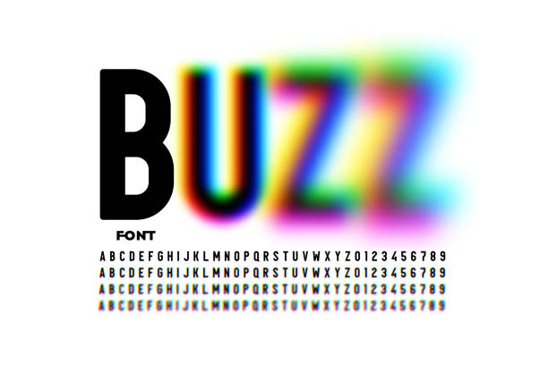 Buzz font, blurry style alphabet Buzz font, blurry style alphabet, letters and numbers vector illustration blurred motion stock illustrations