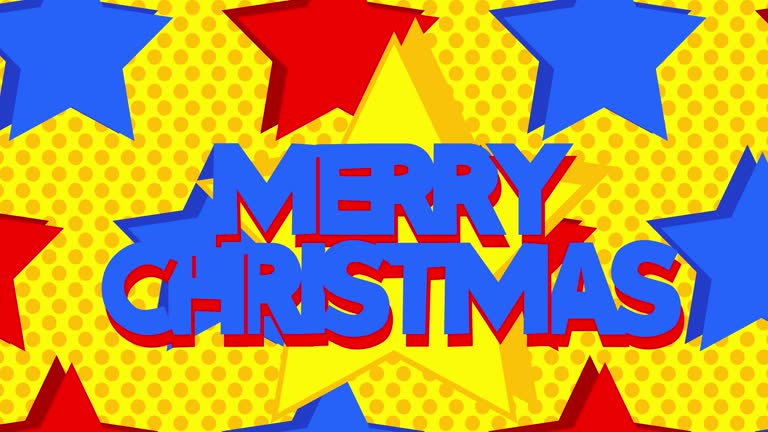 Animated Red Blue Yellow Stars with Merry Christmas Text.