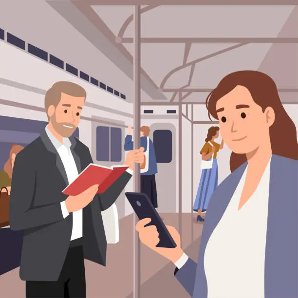 Vector illustration of People in subway train, bus tram public transport activities. Man reading book. Woman holding her phone inside metro train. Going home from work. Flat vector illustration