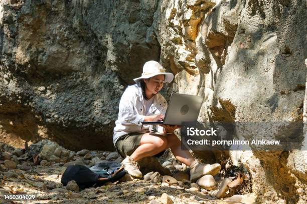 Female Geologist Using Laptop Computer Examining Nature Analyzing Rocks Or Pebbles Researchers Collect Samples Of Biological Materials Environmental And Ecology Research Stock Photo - Download Image Now