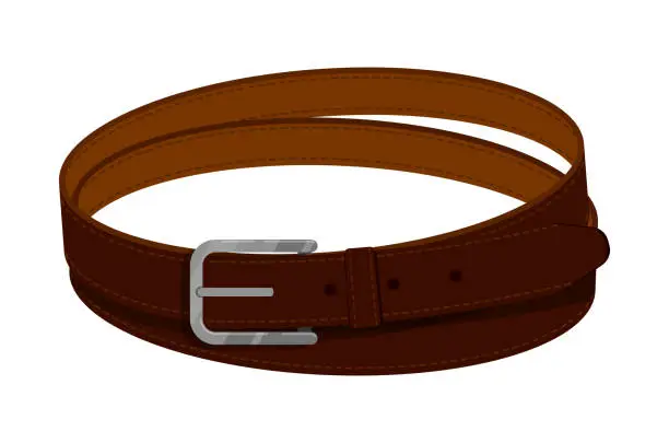 Vector illustration of Men leather belt made of expensive dark leather, rolled into ring. Men belt with metal buckle, stitched and strong thread. Clothing accessories colored Vector isolated on white background