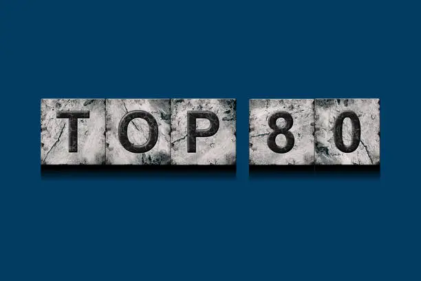 Photo of Top 80, words, above different numbers, on a dark blue background. Alphabet on stone blocks.Rating. Rating concept.