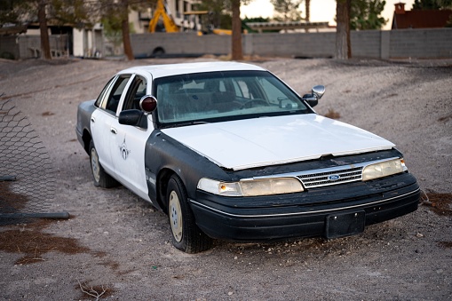 Amargosa Valley, United States – September 10, 2020: Old Ford Crown Victoria police car in Amargosa Valley longstreet inn casino rv resor