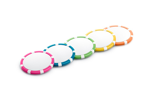 Blank colored plastic round chip mockup lying row, side view, 3d rendering. Empty colour poker or roulette money badge mock up, isolated. Clear gamble coin slot for board games template.