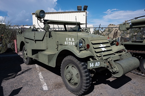 Los Angeles, United States – August 03, 2022: Front detail of an old White Motor Company M3 Scout Car military vehicle