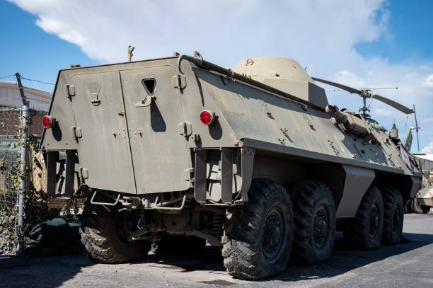 Detail of an big 8x8 amphibious military tank Los Angeles, United States – August 10, 2022: Detail of an 8x8 amphibious military tank amphibious vehicle stock pictures, royalty-free photos & images