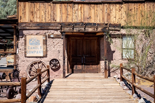 Calico, United States – October 06, 2022: Entrance of an old Wild West house The Calico Candle Company at Calico Ghost Town