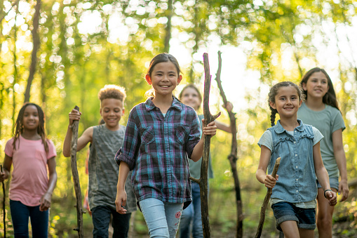 A large group of school aged children are seen hiking in the woods together on a warm sunny day.  They are each dressed casually and some have hiking sticks as they enjoy each others company on the walk.