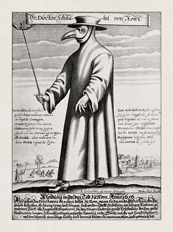 Seventeenth-century illustration by Paul Fürst of a plague doctor in Rome, with a satirical macaronic poem.