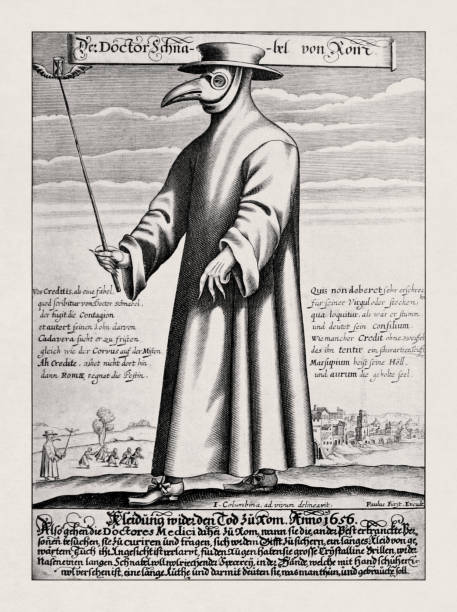 17th century illustration of a plague doctor in Rome Seventeenth-century illustration by Paul Fürst of a plague doctor in Rome, with a satirical macaronic poem. black plague doctor stock illustrations