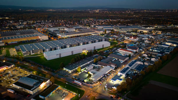 istock Industrial district at dusk - aerial view 1450311181