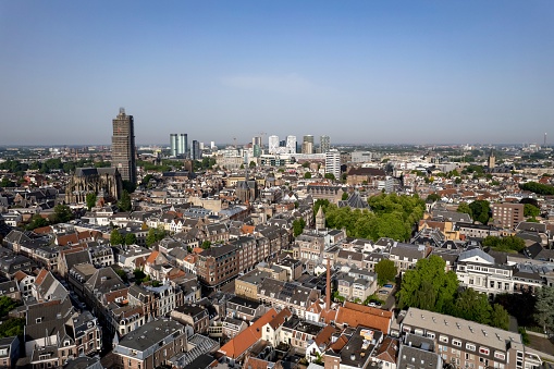 Aerial view of the medieval Dutch city centre of Utrecht with the wrapped church tower of the cathedral towering over the city