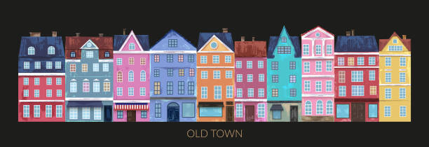 ilustrações, clipart, desenhos animados e ícones de rua da cidade com casas coloridas brilhantes. - copenhagen illness night travel