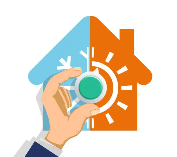 Vector illustration of Man turns the climate control knob in the house
