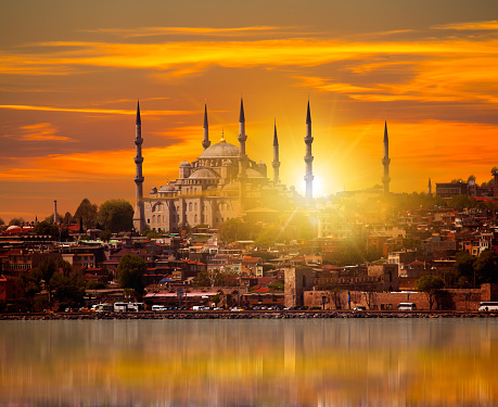 Blue Mosque at Sunset with Reflection