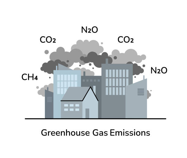 ilustrações de stock, clip art, desenhos animados e ícones de greenhouse gas emissions vector illustration. human living, building, city generate different greenhouse fumes: co2, n2o, ch4. global warming, climate change, greenhouse effect concept art. - footprint carbon environment global warming