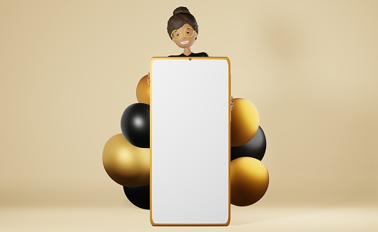 Happy African American girl peeks out from big smartphone mockup beige background 3D rendering app design.Freelance work Study advertisement.Cartoon multiethnic character mobile gadget screen balloons