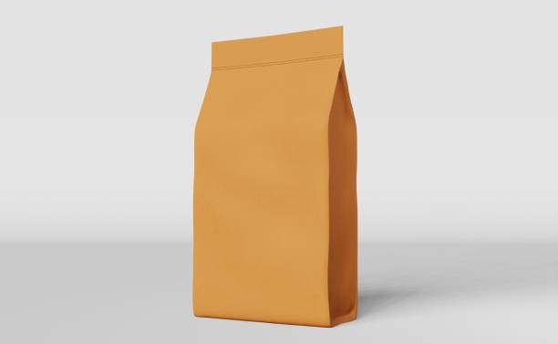 istock Brown standing box bottom pouch bag coffee branding 3D rendering. Merchandise packaging design. Shop sale demonstration. 1450317842