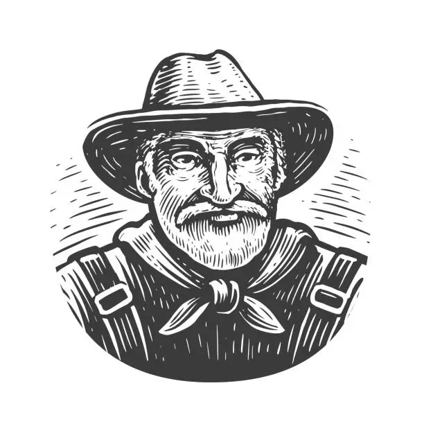 Vector illustration of Portrait of senior Farmer in hat drawn in vintage engraving style. Farm, agriculture trend. Sketch vector illustration