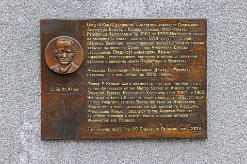 Belgrade, Serbia - December 13, 2022: Bronze Memorial Plaque Ambassador John F Kennan at Kneza Milosa Street in Capital City.