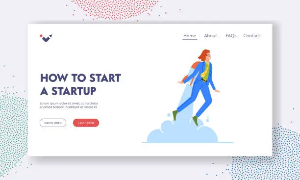 Vector illustration of Startup Boost Landing Page Template. Happy Business Woman Manager Fly on Jetpack to Goal Achievement, Illustration