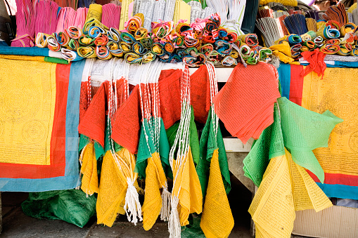 Tibetan prayer flags at a market in Lhasa, Tibet