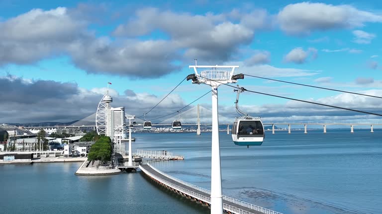 Telecabine Lisboa at Park of Nations (Parque das Nacoes). Cable car in the modern district of Lisbon over the Tagus river on a Summer day. 4k