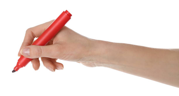 istock Woman holding red marker on white background, closeup 1450324583