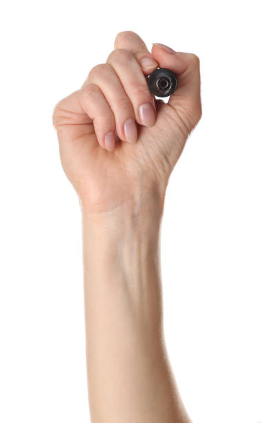 istock Woman holding black marker on white background, closeup 1450324636