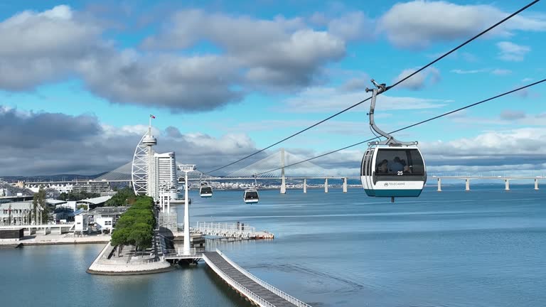 Telecabine Lisboa at Park of Nations (Parque das Nacoes). Cable car in the modern district of Lisbon over the Tagus river on a Summer day. 4k