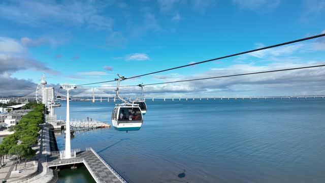 Telecabine Lisboa at Park of Nations (Parque das Nacoes). Cable car in the modern district of Lisbon over the Tagus river on a Summer day. 4k