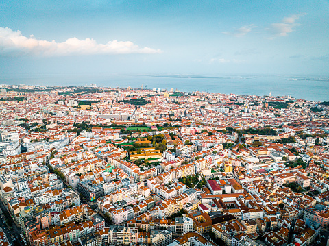 Aerial view cityscape of Lisbon in cloudy day