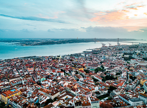 Aerial view cityscape of Lisbon in cloudy day
