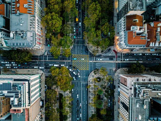 top down aerial view of cars driving through intersection at lisbon - photography landscape street built structure imagens e fotografias de stock