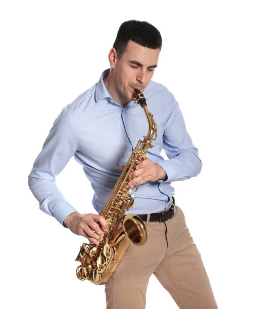 istock Young man playing saxophone on white background 1450326559